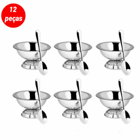 Jogo Sobremesa Sorvete 6 Taças C/ Pé Com Colher Aço Inox