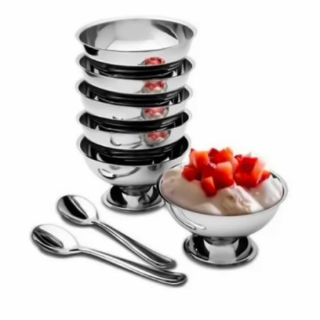 Jogo Sobremesa Sorvete 6 Taças C/ Pé Com Colher Aço Inox