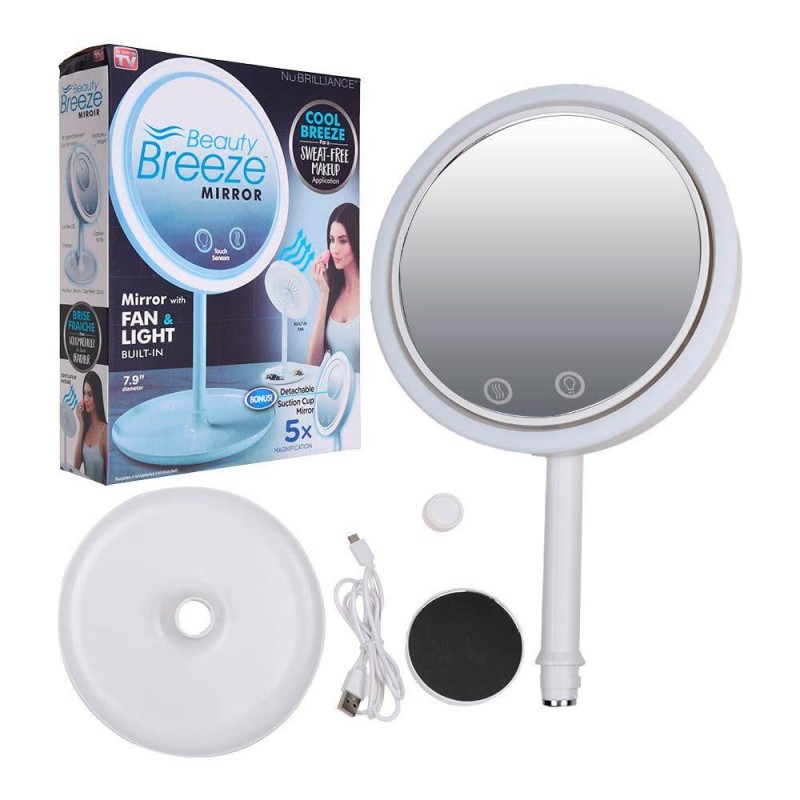 Espelho Articulável Maquiagem Touch Ventilador Luzes LED 5X