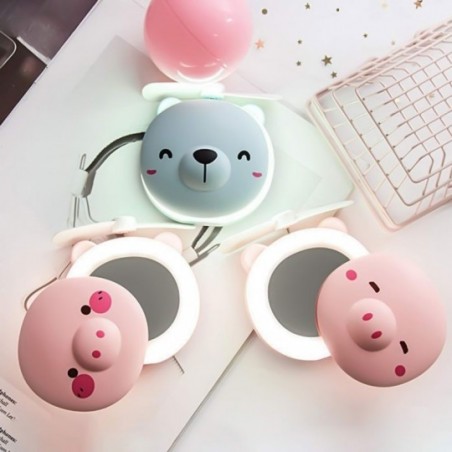 Espelho LED USB Portátil Maquiagem C/ Ventilador Bichinhos