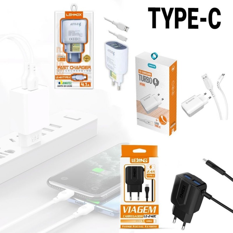 Kit Carregador Completo Tipo C Turbo 100-240V 50/60Hz