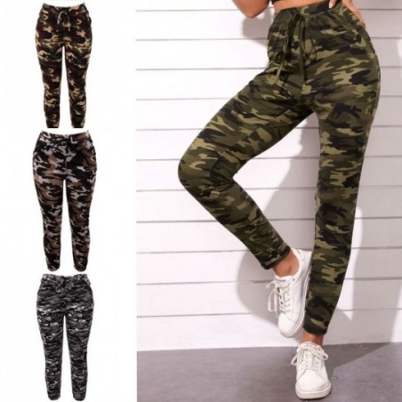 Calça Feminina Estampas Camuflada Bolsos E Cordão Amarração