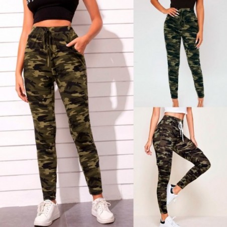 Calça Feminina Estampas Camuflada Bolsos E Cordão Amarração