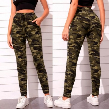 Calça Feminina Estampas Camuflada Bolsos E Cordão Amarração