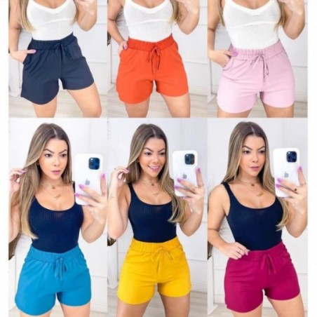 Short Feminino Estampa Lisa Com Cordão E Bolsos Laterais