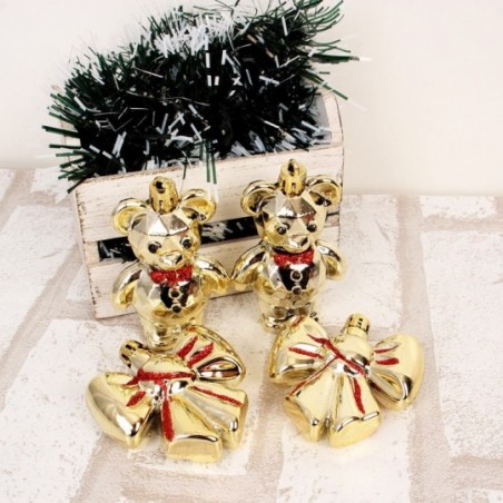 Kit Enfeites De Natal Pendurar Ursos Laços C/ Glitter 