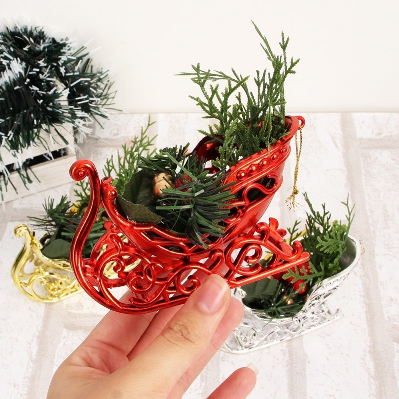 Enfeite De Natal Pendurar Trenó Colorido C/ Plantas 10 cm