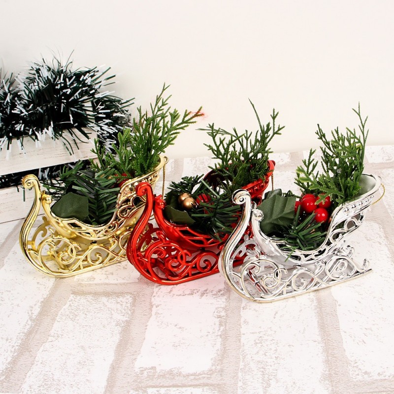 Enfeite De Natal Pendurar Trenó Colorido C/ Plantas 10 cm