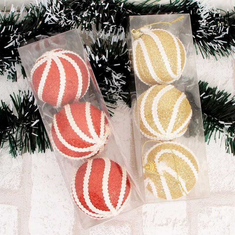 Kit 3 Bolas De Natal Pendurar C/ Glitter Decorada 6 Cm