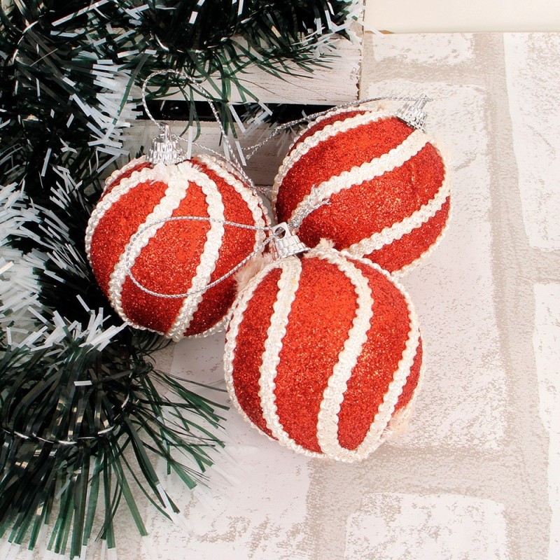 Kit 3 Bolas De Natal Pendurar C/ Glitter Decorada 6 Cm