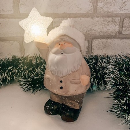 Enfeite Natalino Papai Noel Estrela Cerâmica Com Led