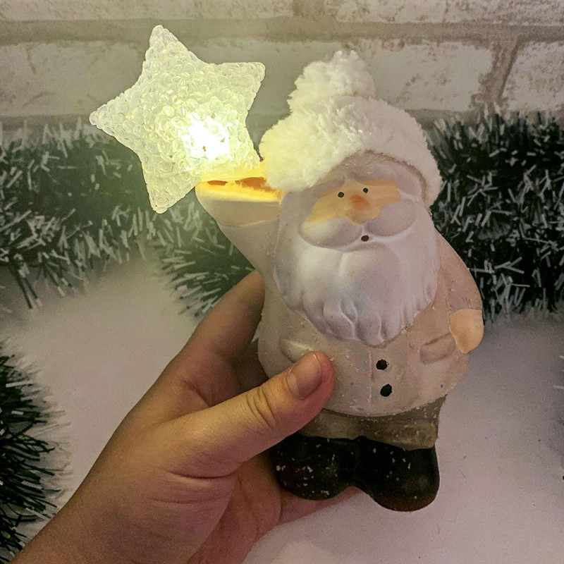 Enfeite Natalino Papai Noel Estrela Cerâmica Com Led