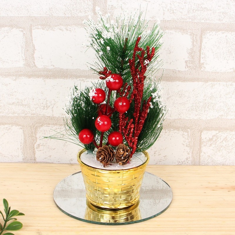 Enfeite Natalino Vaso Decorativo Plantas Pinha Nevado 19 cm