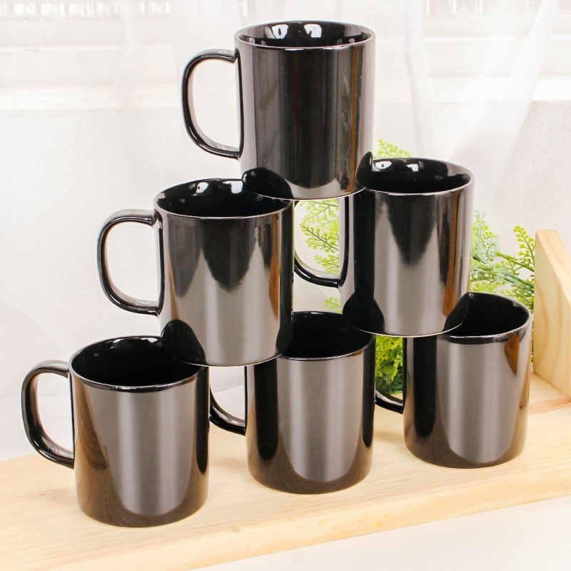 Kit 6 Canecas Reta Lisa Porcelana Preta 300Ml Atacado