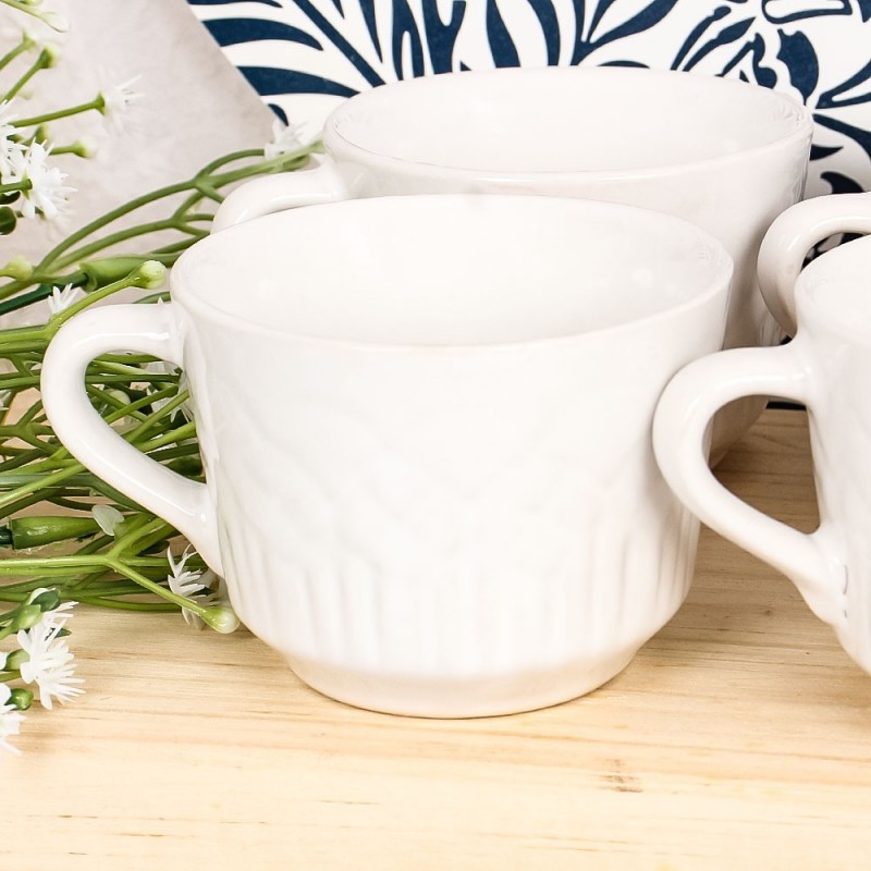Kit 6 Xícaras Chá Café Porcelana Relevo Branca 90Ml Atacado