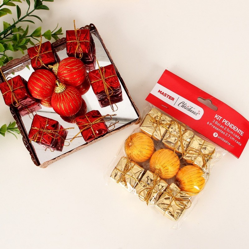 Kit Enfeites Natalinos Presentes Bolas C/ 9 Peças