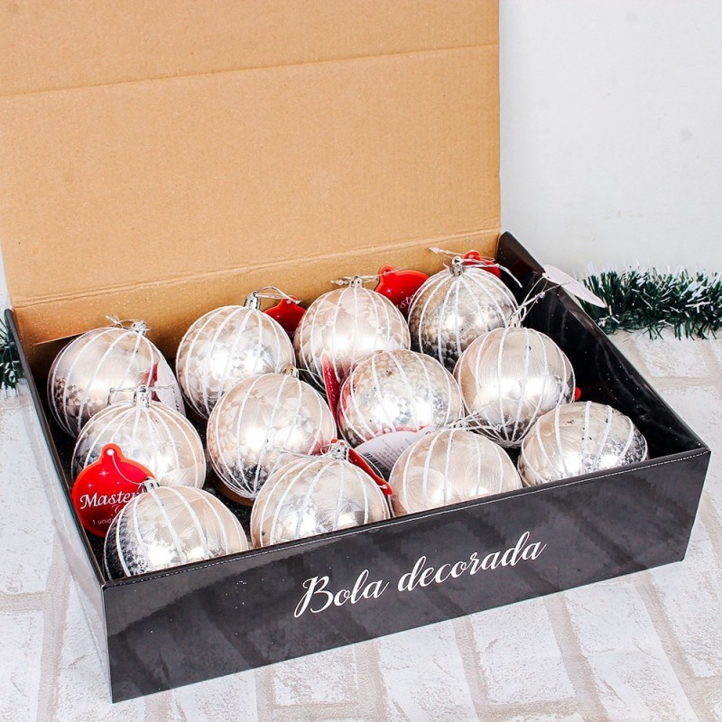 Kit 12 Bolas De Natal Perolada Listrada Rose Gold 8 Cm