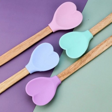 Colher De Silicone Coração Cabo Madeira Espátula Atacado