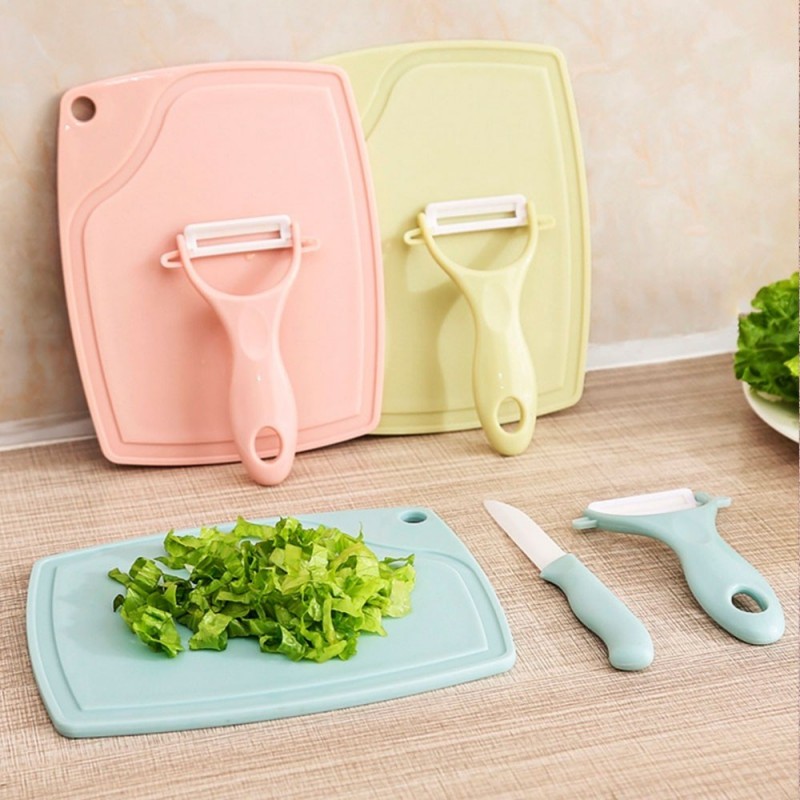 Kit Cozinha C/ 4 Peças Tábua + Faca + Descascador Colorido