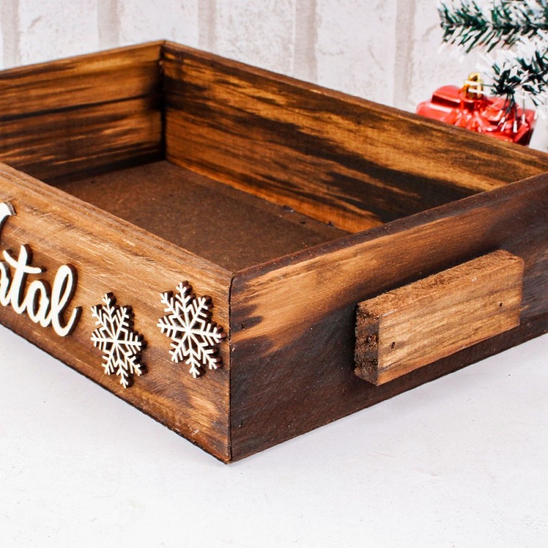 Bandeja De Madeira Cesta Presente C/ Alças Feliz Natal 20x20 