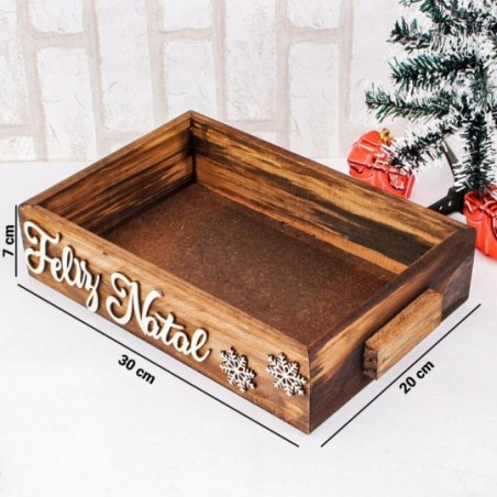 Bandeja De Madeira Cesta Presente C/ Alças Feliz Natal 20x20 