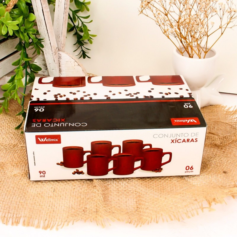 Kit 6 Canecas De Porcelana Reta Vermelha 90Ml Atacado