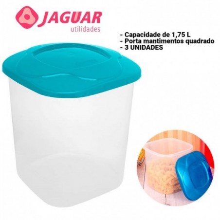 Kit 3 Porta Mantimentos Quadrado Com Tampa 1,75L Jaguar