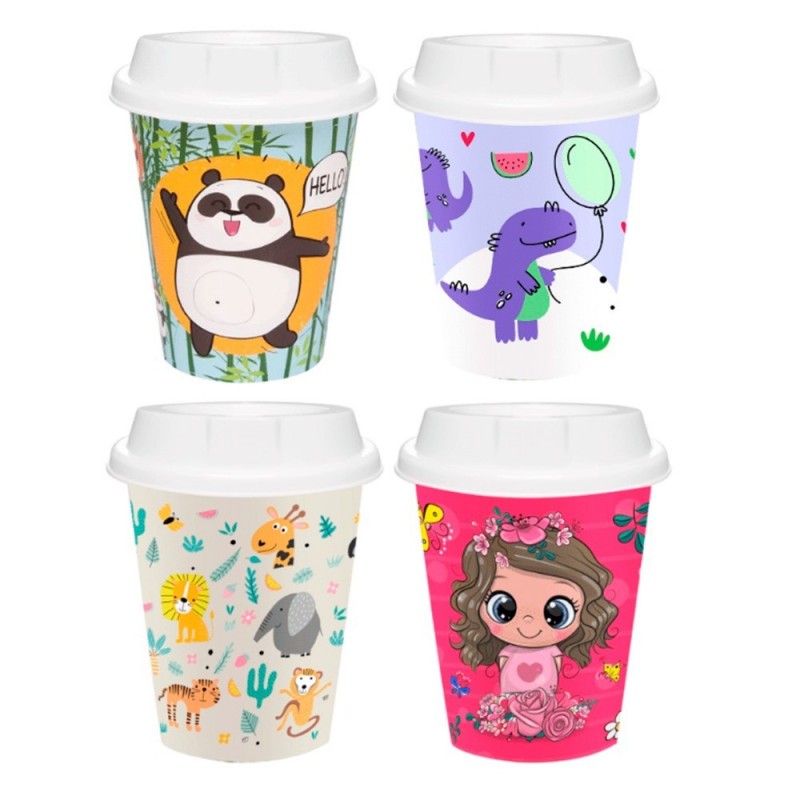 Kit 12 Copos Decorado Com Tampa Diversas Estampas 360ML