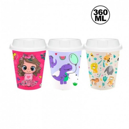 Kit 12 Copos Decorado Com Tampa Diversas Estampas 360ML
