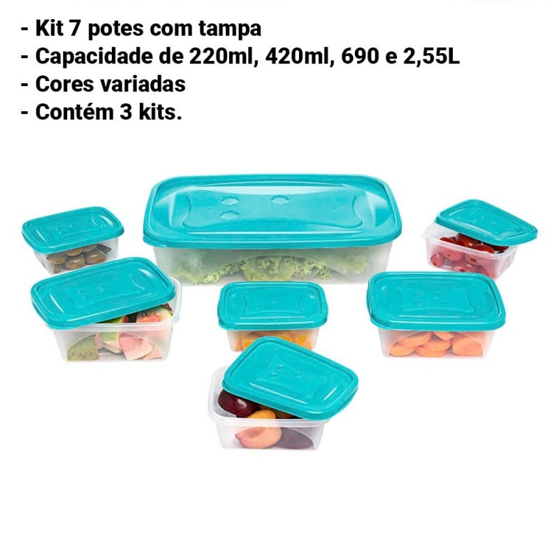 3 Conjuntos Pote Mantimentos Mulituso 7 Peças C/ Tampa 