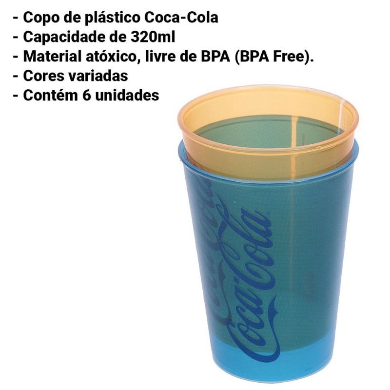 Kit 6 Copo Plástico Coca Cola Colorido 320ml Plasútil