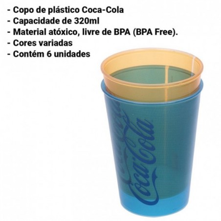 Kit 6 Copo Plástico Coca Cola Colorido 320ml Plasútil