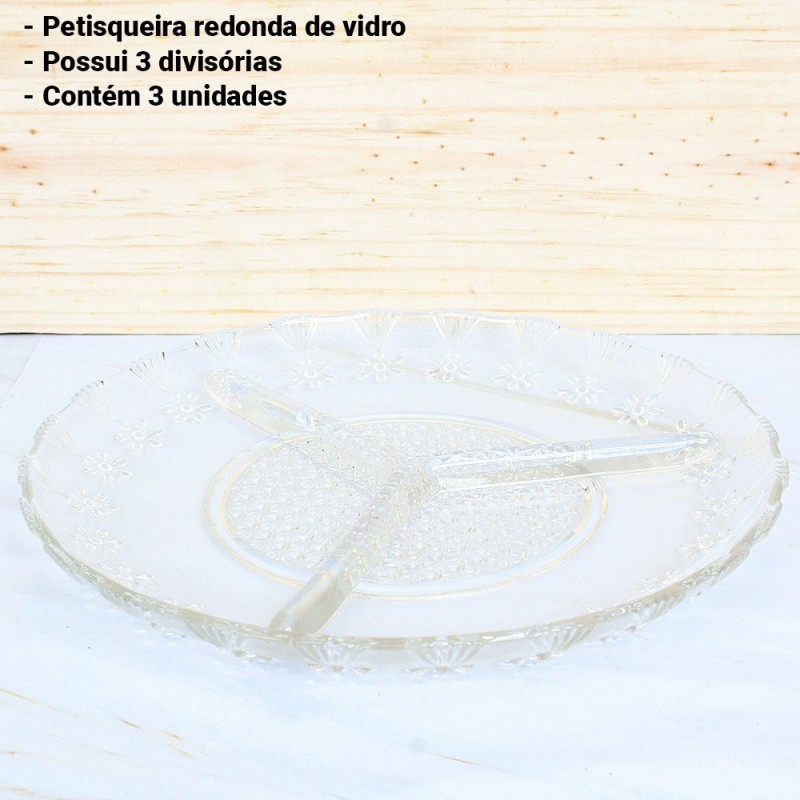 Kit 3 Petisqueira Em Vidro Redonda 20 Cm 3 Divisórias 