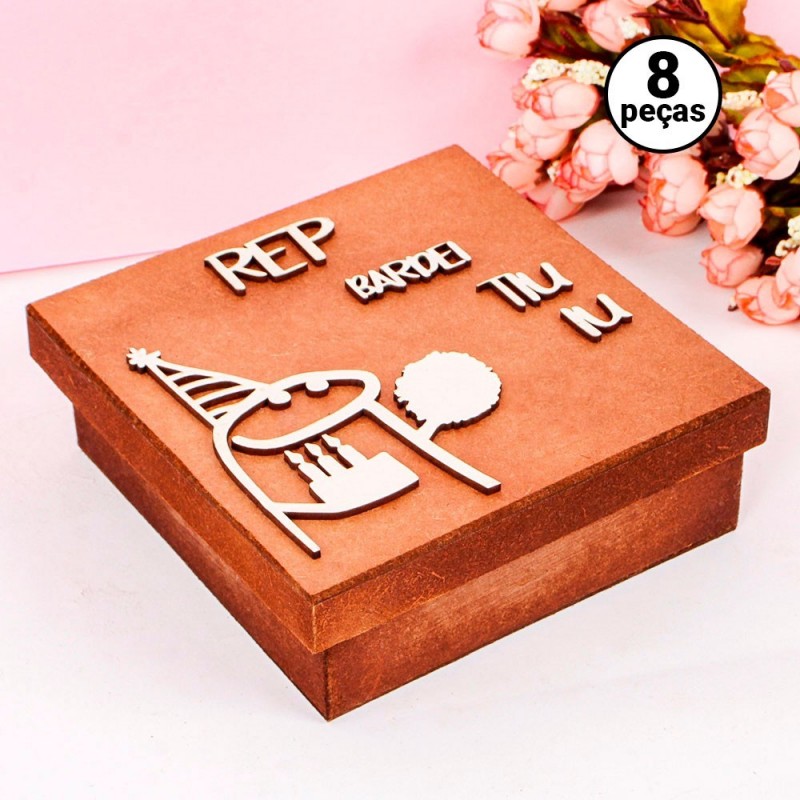 Kit 8 Caixa Presente Madeira Bento Flork Feliz Aniversário