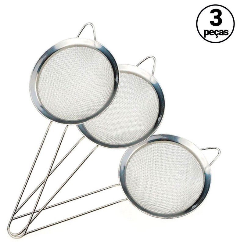Kit 3 Peneiras Coador Com Cabo Em Aço Inox 12 cm Wellmix