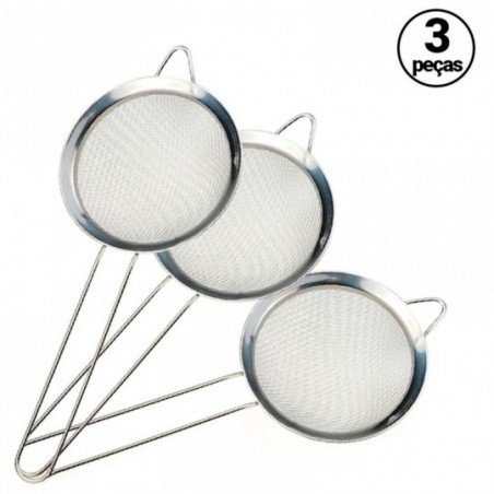 Kit 3 Peneiras Coador Com Cabo Em Aço Inox 12 cm Wellmix