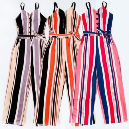 3 Peças Macacão Pantalona Longo Regata Listrado Cinto Amarração