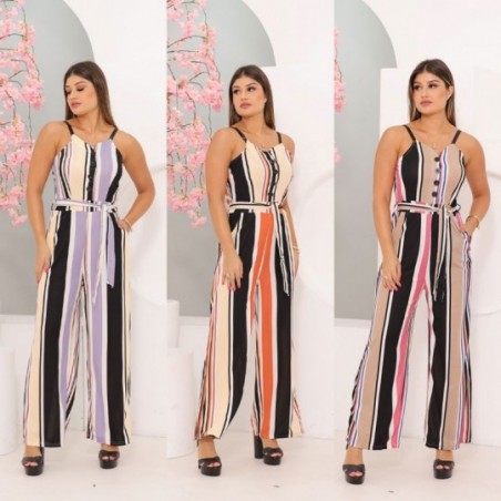 3 Peças Macacão Pantalona Longo Regata Listrado Cinto Amarração