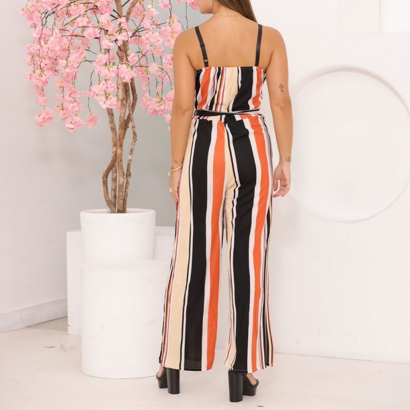 3 Peças Macacão Pantalona Longo Regata Listrado Cinto Amarração