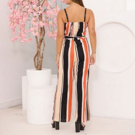 3 Peças Macacão Pantalona Longo Regata Listrado Cinto Amarração