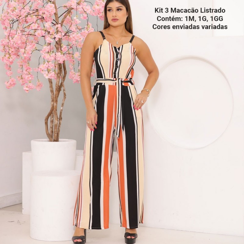 3 Peças Macacão Pantalona Longo Regata Listrado Cinto Amarração