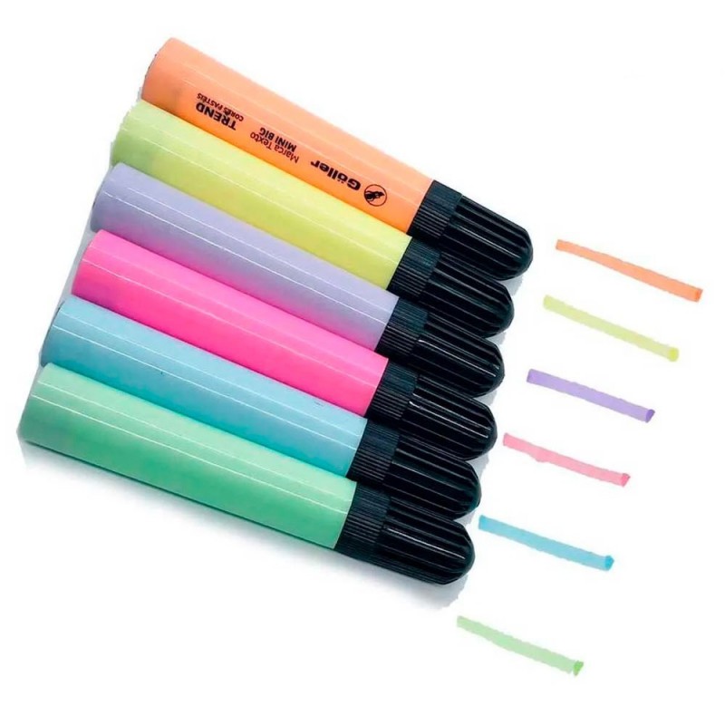 Kit 2 Marca Texto Mini Big Cores Pastéis 6 Peças Uso Escolar