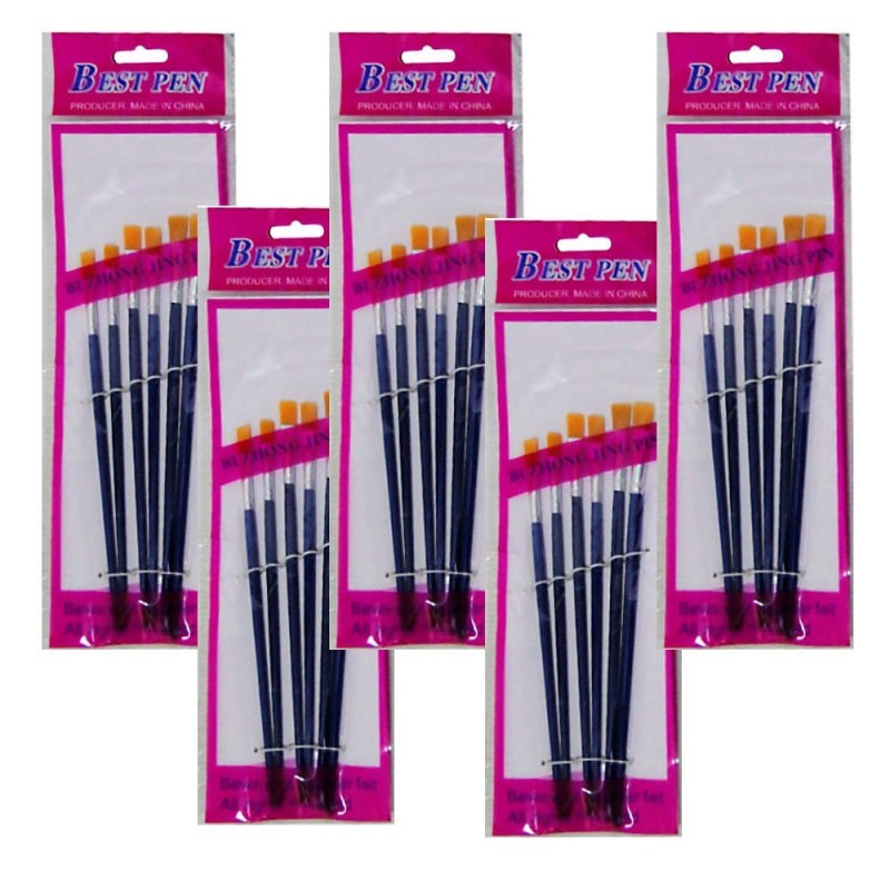 5 Kits De Pincéis Artístico Ponta Reta Cor Azul 6 Peças