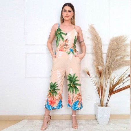Macacão Pantacort Feminino Estampa Verão Com Botões Decorativos