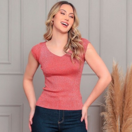 Blusa Feminina Manga Curta Verão Tecido Com Brilho