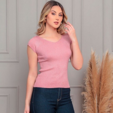 Blusa Feminina Manga Curta Verão Tecido Com Brilho
