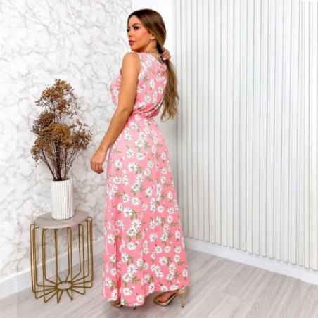 Vestido Longo Estampa Floral Com Cinto Feminino Delicado