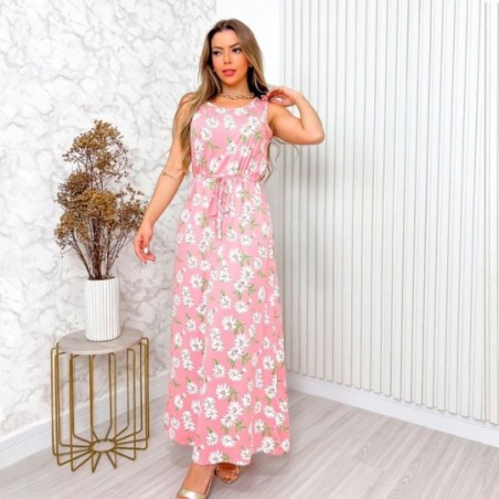 Vestido Longo Estampa Floral Com Cinto Feminino Delicado