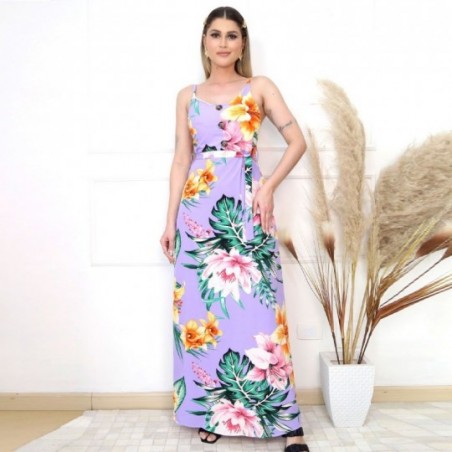 Vestido Longo Estampado Com Cinto Feminino Botões Decorativos