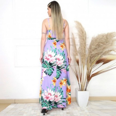Vestido Longo Estampado Com Cinto Feminino Botões Decorativos